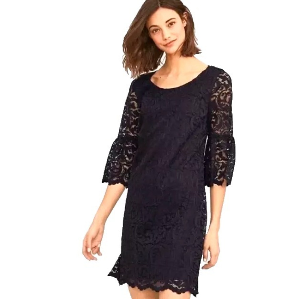 Garnet Hill Sheer Dress Women 4 Lace Midi Bell Sleeve Party Classic Preppy Lined